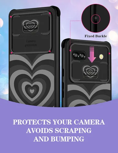 Miniatura 3 de Funda para Google Pixel 6A con diseño de corazón para niñas y mujeres, diseño único de moda negra con funda de cámara deslizante, fundas estéticas