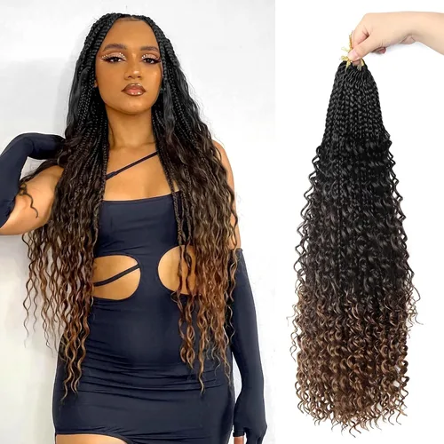 Miniatura 67 de Goddess Box Braids - Trenzas de cabello a ganchillo con extremos rizados, trenzas de caja bohemianas de 16 pulgadas, trenzas de ganchillo, 8 1B-4-30