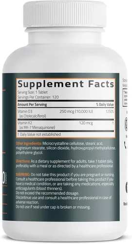 Miniatura 2 de Bronson Vitamina K2 (MK7) con Suplemento D3 Fuerza Extra 2 en 1 Soporte, 10,000 UI Vitamina D3 y 120 mcg K2 MK-7, 120 Tabletas