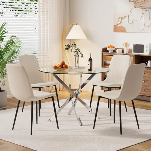 Miniatura 10 de Moderno juego de mesa redonda de vidrio para 4, 36 pulgadas, pequeña base negra de vidrio templado con 4 sillas de comedor minimalistas beige, juego