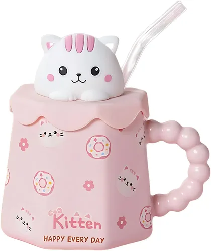Miniatura 11 de Taza GawmFoiuy Mark con pajita, taza de cerámica con estampado de animales, 414 ml, tazas de café y té kawaii, tazas de animales divertidas, taza