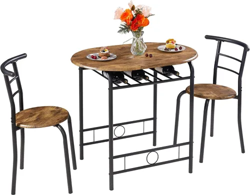 Miniatura 11 de VECELO Juego de mesa de comedor de 3 piezas para rincón de desayuno, mesa ovalada de mármol sintético y marco de metal con estante de vino Blanco