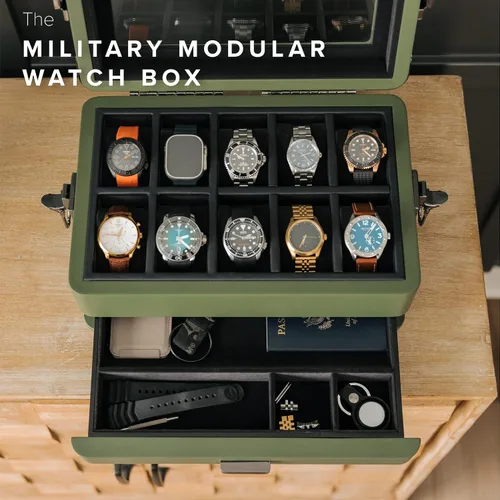 Miniatura 12 de CASE ELEGANCE Black Edition - Caja de reloj militar con 10 ranuras para hombres, parte superior de cristal real, bandeja modular de valet