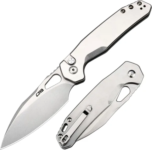 Miniatura 6 de CJRB Cuchillo de bolsillo Frack, hoja de acero AR-RPM9 de 3.9 pulgadas, con revestimiento de PVD, mango de acero EDC, cuchillo de bloqueo de botón