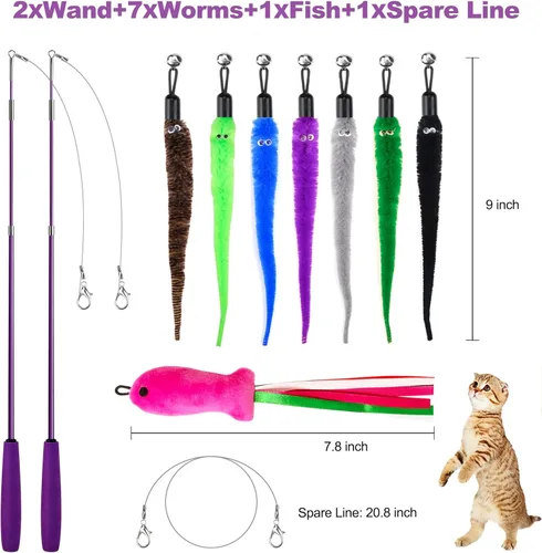 Miniatura 2 de Juguetes para gatos de interior, paquete de 11 varitas interactivas para gatos, 2 varitas retráctiles para gatos y 7 recambios de gusanos, juguetes