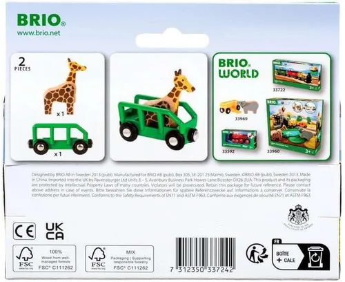 Miniatura 3 de BRIO World - 33724 Juego de jirafa y vagón Accesorio imaginativo de tren de juguete para niños Madera certificada FSC Diseñado para niños