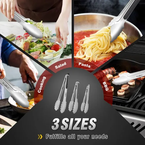 Miniatura 7 de Walfos Pinzas de cocina de acero inoxidable para cocinar, 7, 9 y 12 pulgadas, pinzas de metal de grado alimenticio para cocinar, barbacoa, juego