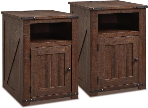 Miniatura 8 de IFGET - Mesita de noche con estación de carga, mesa auxiliar de 20" estilo granja con puerta de granero, mesa de sofá rústica de madera para cama
