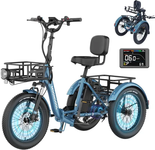 Miniatura 13 de MOONCOOL Triciclo eléctrico para adultos, 500 W/750 W 48 V, triciclo eléctrico plegable de potencia máxima 1100 W, neumático grueso de 20 x 3.0