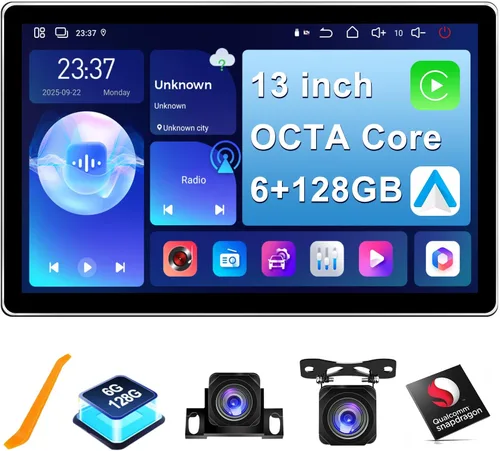 6+128 GB 13 pulgadas doble DIN pantalla táctil Android coche estéreo con cámara frontal y trasera Octa Core Qualcomm QLED Bluetooth GPS Radio DSP AM