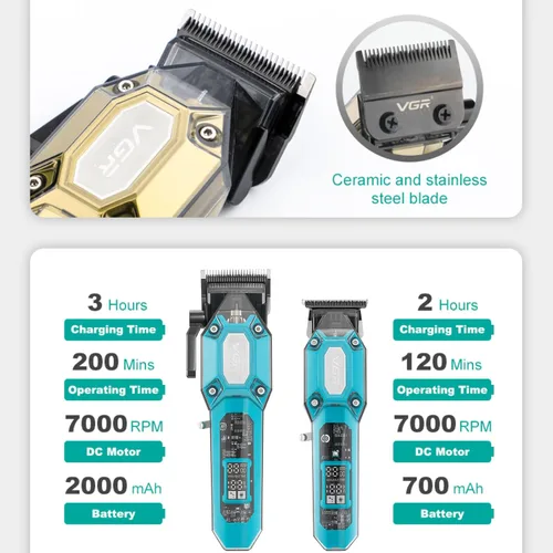 Miniatura 5 de VGR Cortadora de pelo profesional para hombres, juego de cortapelos y recortadoras inalámbricas, kit de corte de pelo para hombre con 10 peines Verde