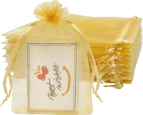 Jexila 100 bolsas de regalo de organza dorada de 4 x 6 pulgadas, pequeñas bolsas de malla con cordón, bolsas para joyas, bodas, fiestas, bolsas de