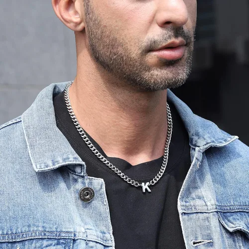 Miniatura 4 de DuoDiner Collar de cadena de eslabones cubanos con inicial A-Z para niños, hombres y mujeres, colgante de letra, acero inoxidable, 0.256in, 18+2