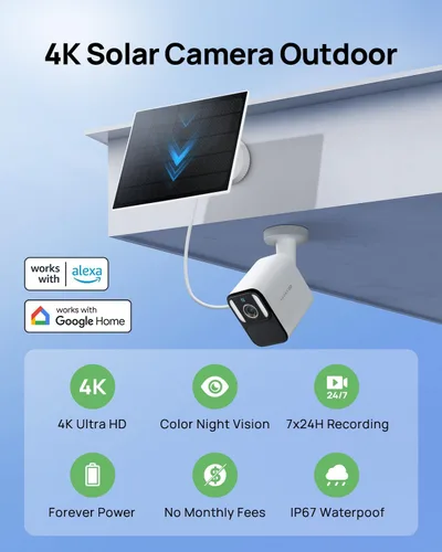 Miniatura 2 de Anona Cámaras de seguridad solar 4K inalámbricas para exteriores, alimentación permanente con panel solar, visión nocturna a color de 8 MP