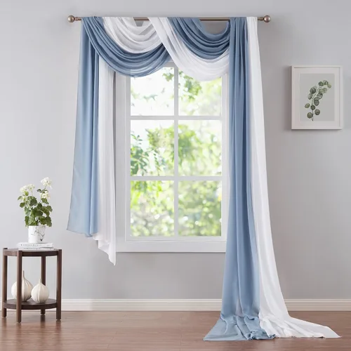 Warm Home Designs Cortinas de Gasa Dobles para Ventana en Colores Azul Polvoriento y Blanco para Decoración del Hogar Azul. Cada Cortina de Gasa