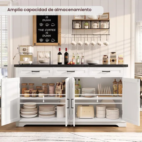 Miniatura 4 de usikey Aparador grande de 61 pulgadas con 4 puertas y 3 cajones, mesa de buffet de granja, armario de almacenamiento de comedor para cocina o sala