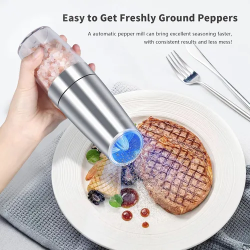 Miniatura 2 de EasyCom Gravity - Molinillo de sal y pimienta, funciona con pilas con luz LED, grosor ajustable, molinillo de pimienta automático con una mano