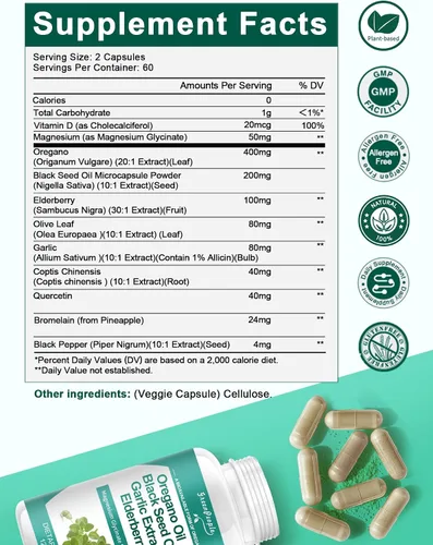 Miniatura 5 de Cápsulas de aceite de orégano orgánico, mezcla 11 en 1 con aceite de semilla negra, saúco, ajo, hoja de olivo, magnesio y pimienta negra