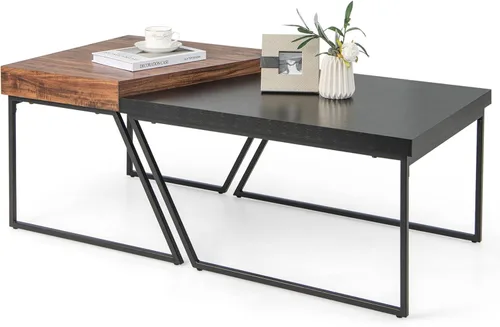 Giantex Juego de 2 mesas auxiliares apilables de color negro y marrón con patas de metal con recubrimiento en polvo, mesa anidable trapezoidal para