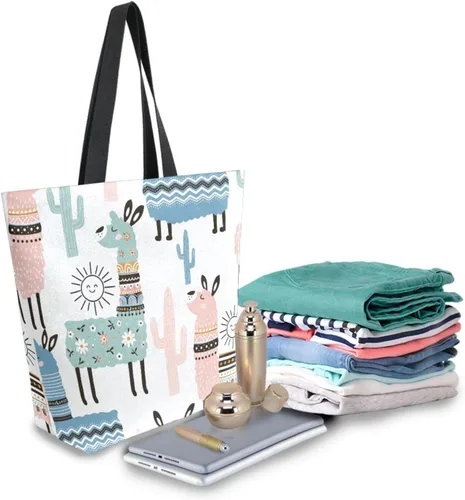 Miniatura 7 de SUABO Bolsa de asas de cocina reutilizable para comestibles, bolsa de compras de lona para exteriores Llama
