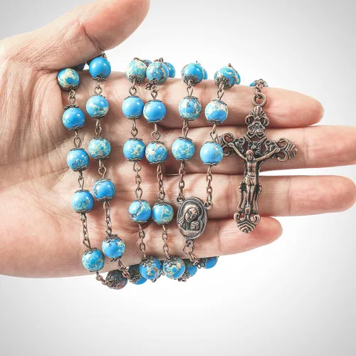 Miniatura 5 de Nazareth Store Collar de cuentas de jaspe azul océano con diseño vintage natural, medalla de suelo sagrado y cruz crucifijo rosarios religiosos