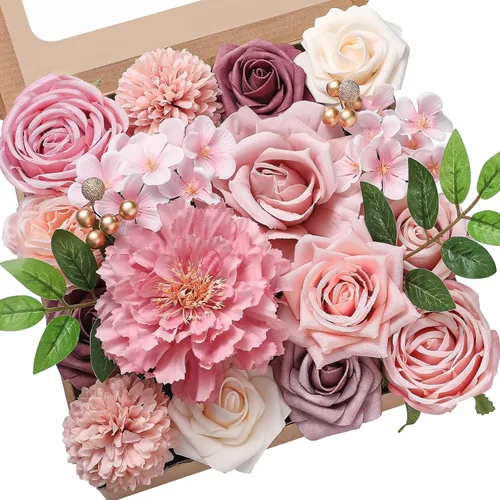 Miniatura 12 de Serwalin Flores Artificiales Peonías Rosas Flores Falsas de Boda Conjunto de Caja de Flores para Pastel para Ramos de Boda DIY Centros de Mesa
