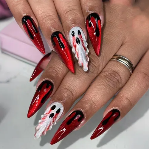 Miniatura 16 de Uñas postizas a presión para Halloween, con forma de hueso gótico, de terror, de cobertura completa, color blanco y negro, acrílico, para fiestas