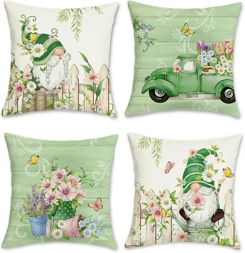 Miniatura 7 de Bonhause Juego de 4 fundas de cojín decorativas de 18 x 18 pulgadas con diseño de margaritas de gnomos y flores de primavera y verano, camión, Love