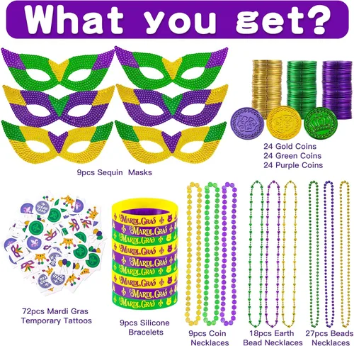 Miniatura 2 de MGparty 216 piezas de accesorios de Mardi Gras, máscaras, cuentas, collares, monedas, tatuajes, pulseras, carnaval, desfile de máscaras, suministros
