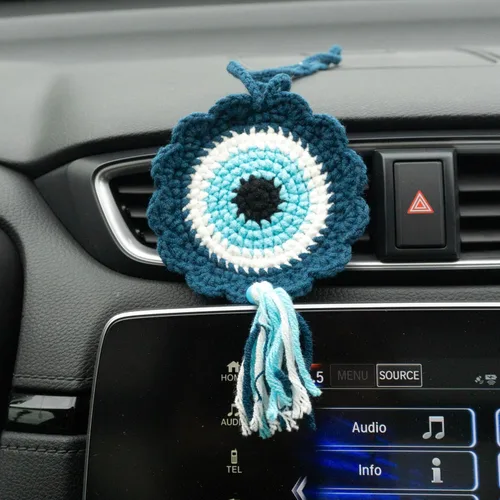 Miniatura 3 de Talataca Adorno de ganchillo para automóvil de ojo malvado – Dije de espejo retrovisor de ojo azul turco hecho a mano, decoración colgante de 4