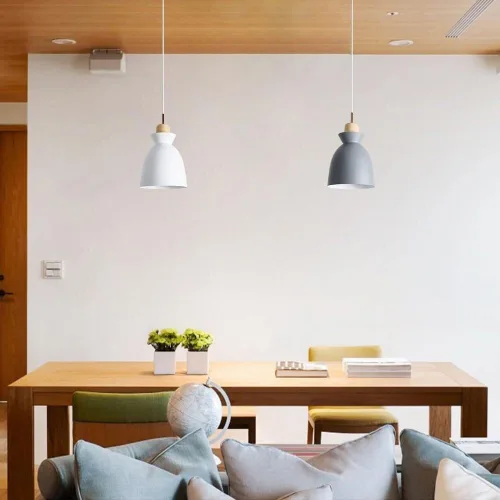 Miniatura 7 de Modern Minimalist Bell Metal Pendant Light Fixture Wood Accent, Small Hanging Lamp for Dining Room Kitchen Island Bedroom Bedside Cafe, Adjustable