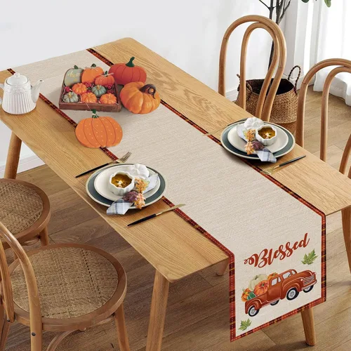 Miniatura 4 de Bonhause Camino de mesa de otoño de 13 x 90 pulgadas, naranja y verde, calabaza, camión, hojas, cuadros, otoño, Acción de Gracias, cocina, comedor