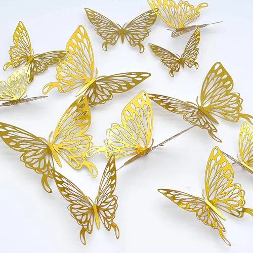 Miniatura 7 de Calcomanías de pared 3D con diseño de mariposa, 24 unidades, 3 tamaños, removibles, doradas, mariposas, decoración de fiestas, calcomanías de pared