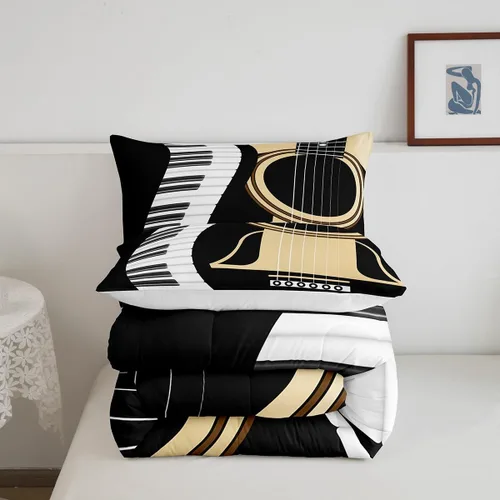 Miniatura 5 de Juego de ropa de cama de guitarra, tamaño individual para niños y niñas, juego de edredón con teclados de piano, temática musical, inserto