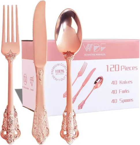 Miniatura 11 de WDF 160 piezas de cubiertos de plástico dorado - Cubiertos de oro resistentes Incluye 80 tenedores, 40 cucharas, 40 cuchillos, utensilios
