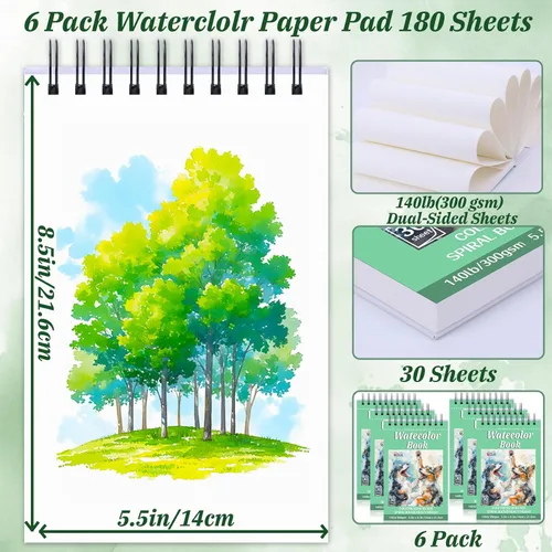 Miniatura 2 de Paquete de 6 blocs de papel de acuarela, papel de acuarela de 5.5 x 8.5 pulgadas, 140 libras/300 gsm, prensa en frío, sin ácidos, 180 hojas de papel