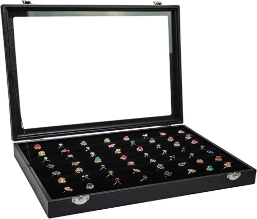 Wuligirl - Bandeja organizadora de anillos con 100 ranuras y tapa transparente, organizador apilable de joyas como aretes, collares y anillos