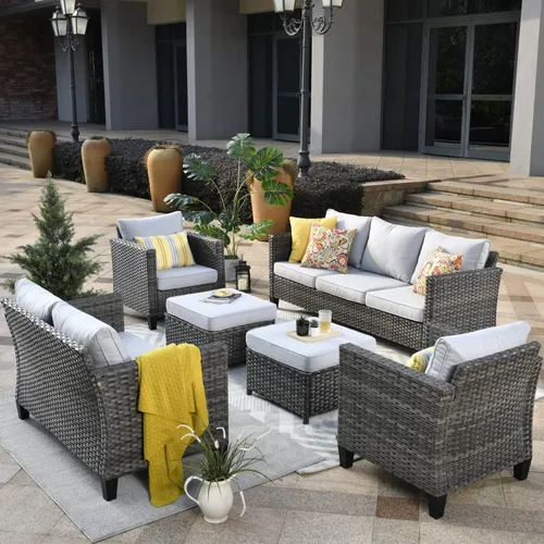 Miniatura 43 de ovios Juego de muebles de patio de 6 piezas, sillas giratorias de mimbre para exteriores con mesa para fogatas de 30 pulgadas, juego de mecedoras