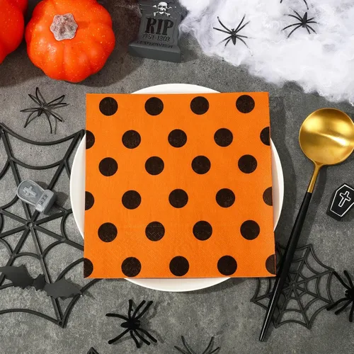 Miniatura 4 de Whaline Servilletas de papel de Halloween de 6.5 pulgadas de color naranja y negro a rayas onduladas con lunares, servilletas geométricas