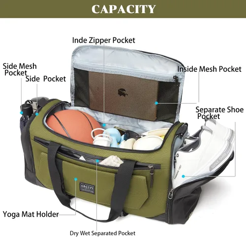 Miniatura 5 de Bolsas de gimnasio para hombres y mujeres con compartimento para zapatos y bolsa deportiva de bolsillo húmedo, A-TG-002-Verde