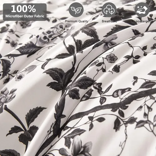 Miniatura 7 de Juego de edredón para cama Queen, juego de cama de 7 piezas en una bolsa, de microfibra suave, patrón floral de hojas negras sobre blanco