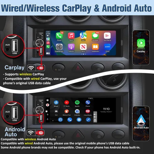 Miniatura 4 de Estéreo Universal Single Din para Automóvil con CarPlay Inalámbrico y Android Auto, Unidad Principal de Pantalla Táctil IPS de 6.36 Pulgadas