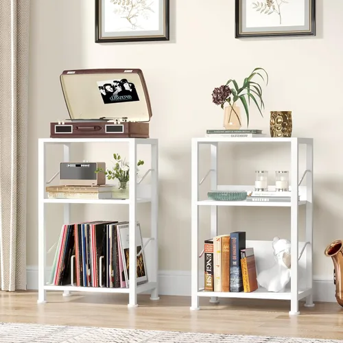 Miniatura 5 de Hosfais Soporte para tocadiscos de 3 niveles, mesa auxiliar de almacenamiento para discos de vinilo retro con estante para registros para sala