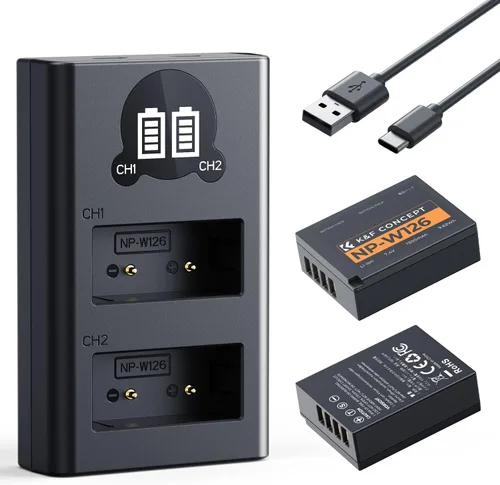 K&F Concept Batería y cargador NP-W126 NP-W126S de 1300 mAh para Fujifilm XM5, X100VI, X100V, XS10, XT30, XT30 II, XT20, XE4, A5, cargador rápido de