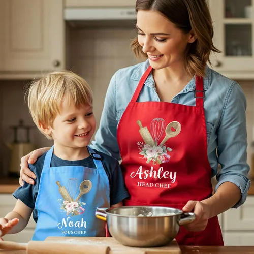 Miniatura 4 de Delantal Familiar Personalizado a juego con Nombres para Navidad, Regalo para Abuela, Delantales "Mamá y Yo" con Bolsillos, Delantales de Cocina