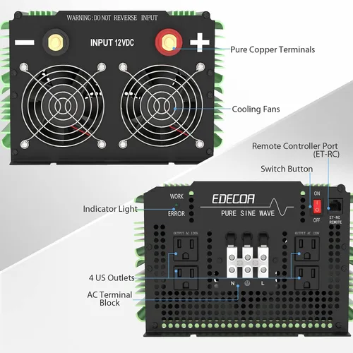 Miniatura 3 de EDECOA Inversor de onda sinusoidal pura de 3500 W CC 12 V a 120 V 110 V CA convertidor de corriente alterna para automóvil, caravana, autocaravana