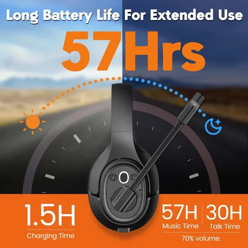 Miniatura 4 de EKSA Trucker - Auriculares Bluetooth con micrófono, auriculares inalámbricos de 164 pies con cancelación de ruido AI (ENC), 57 horas de trabajo