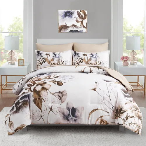 Miniatura 22 de Luxudecor Juego de edredón floral tamaño King de 7 piezas, cama de flores azul marino en una bolsa, elegante edredón floral con juego de sábanas