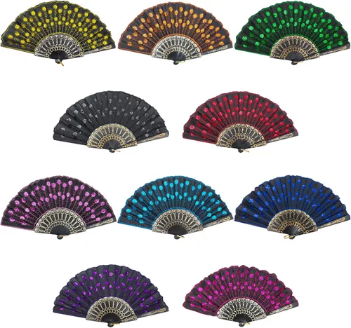Miniatura 11 de EOSAU Abanicos plegables chinos de mano de encaje para mujer, plegables a granel para fiestas, bodas, iglesias, bailes (10 colores mezclados 01)