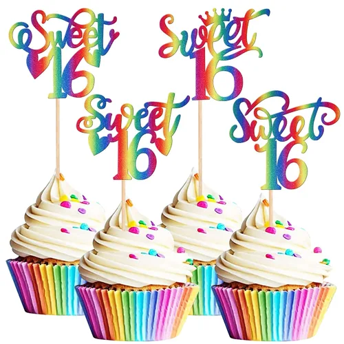 Miniatura 18 de 1 pieza de decoración de pastel de 16 años con purpurina de luna y estrella de luna feliz 16 cumpleaños, decoración para tartas de cumpleaños de 16